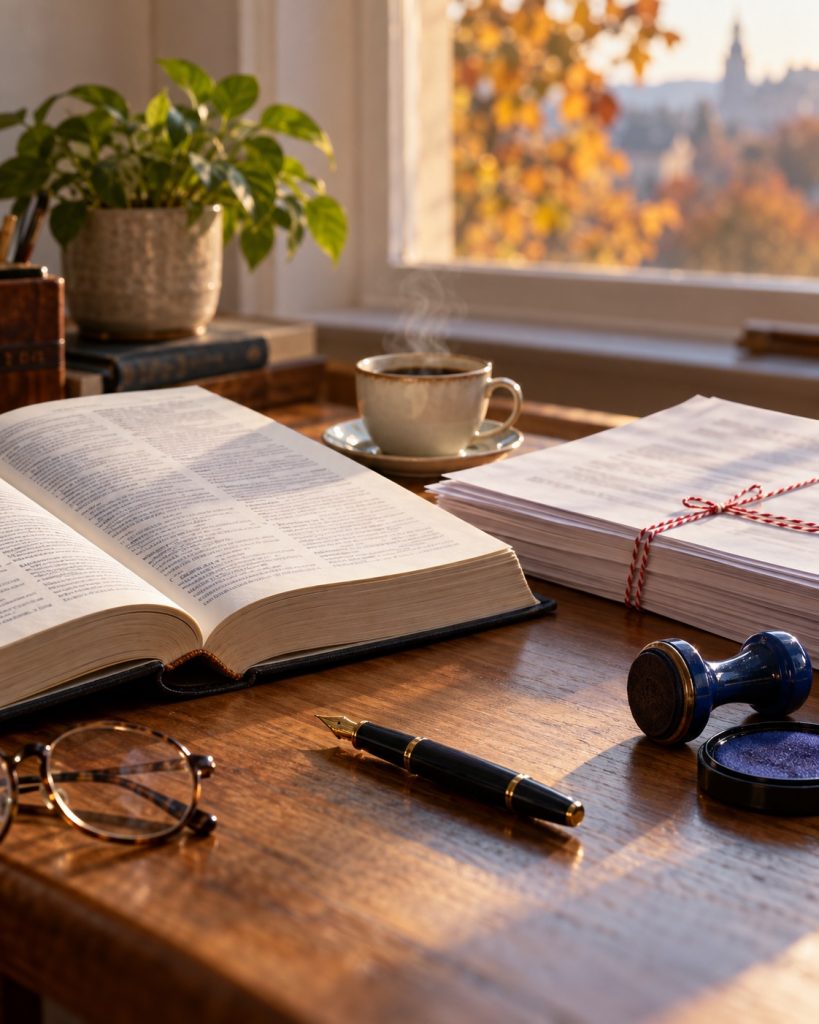 Illustration of documents and a dictionary on a desk