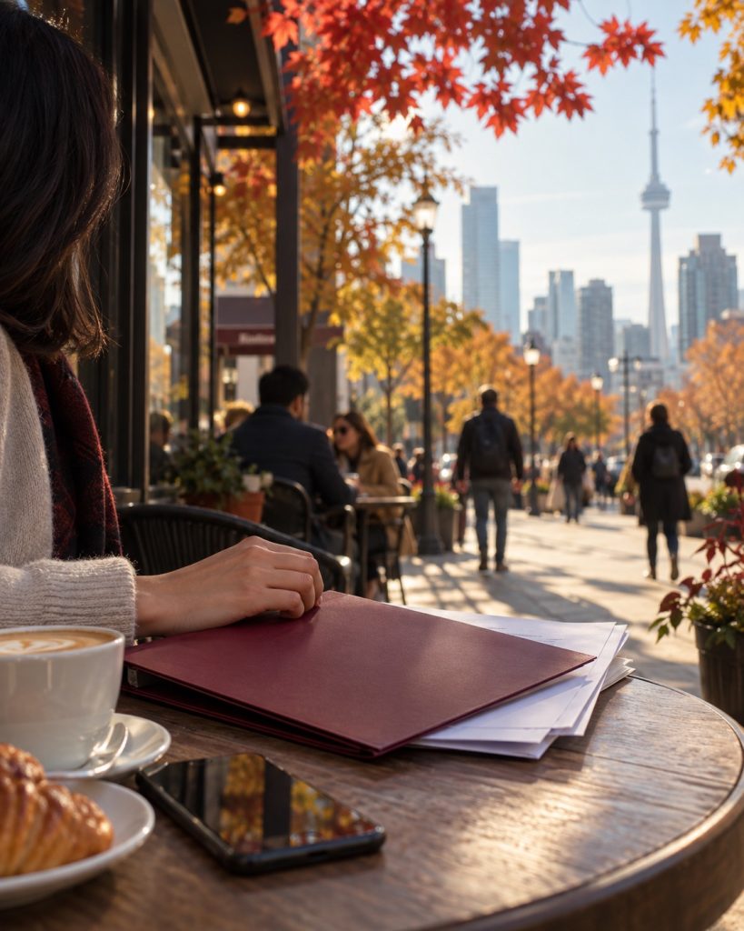 Illustration of an autumn Toronto street and a folder of documents