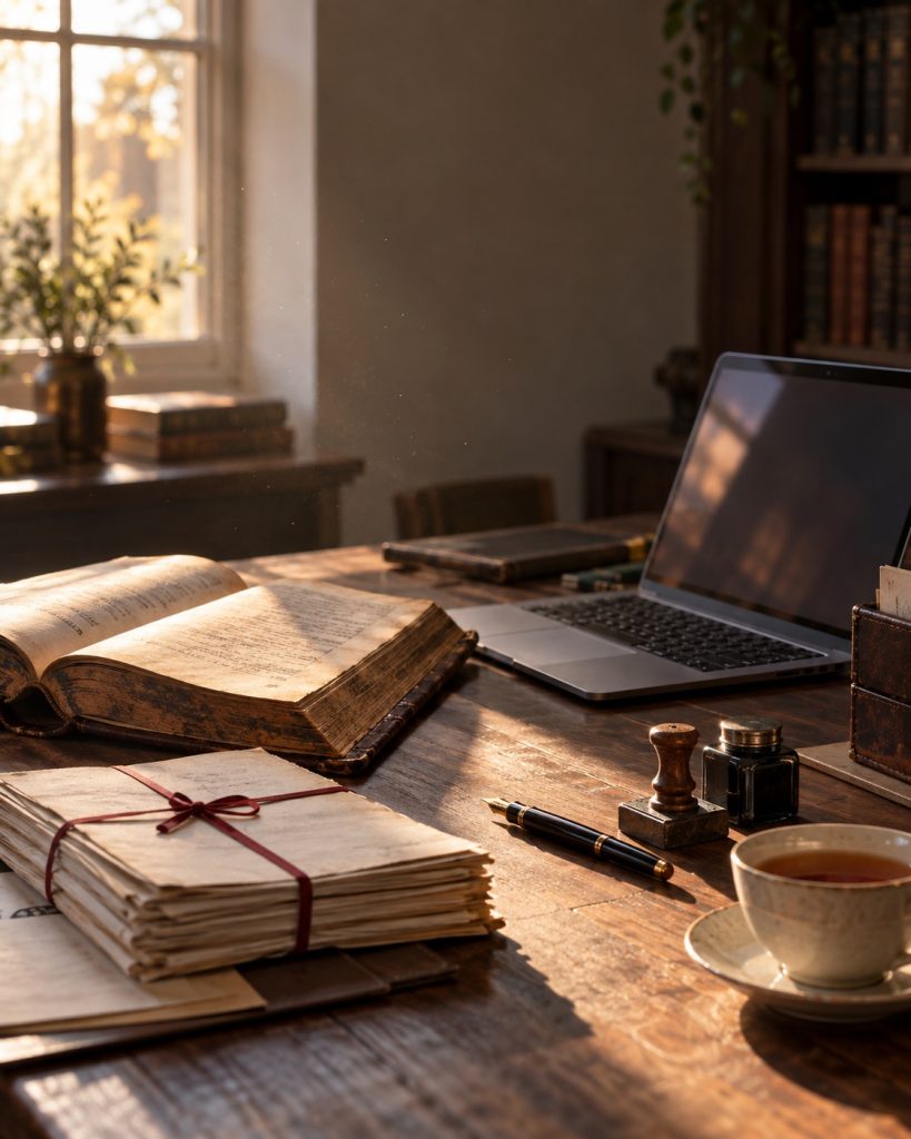 Illustration of an open book and laptop for studying