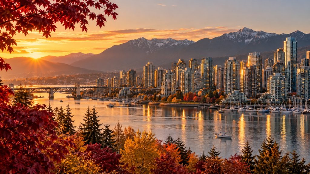Illustration of Vancouver waterfront and mountains in autumn